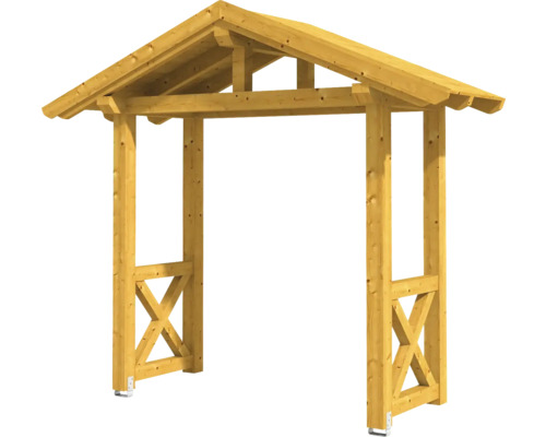 Holzpergola mit Dach und seitlichen Kreuzverstrebungen