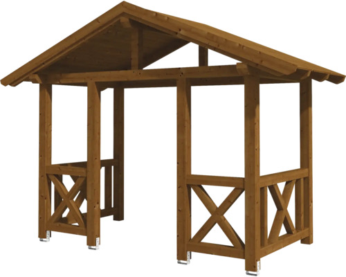 Holzpavillon mit Giebeldach und dekorativen Holzelementen
