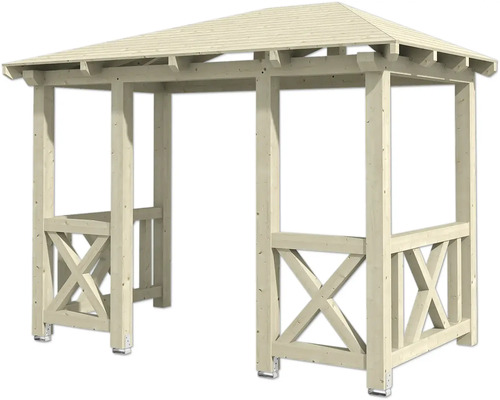 Holzpavillon mit quadratischem Dach und dekorativen Holzelementen