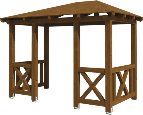 Holzpavillon mit Dach und seitlichen Holzkreuzen