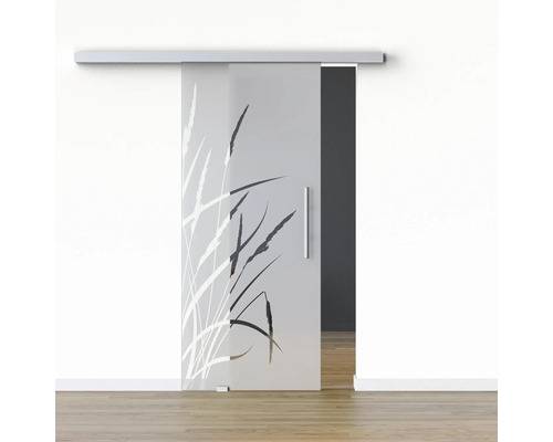Porte vitrée coulissante Pertura set complet Glera Blade 02 1025x2050 mm gauche y compris ferrure Selir aluminium naturel, poignée barre