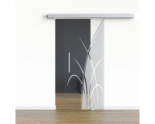 Porte vitrée coulissante Pertura set complet Glera Green 01 1025x2050 mm droite y compris ferrure Selir aluminium naturel, poignée barre