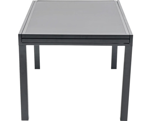 Table de salle à manger carrée avec plateau en verre et pieds en métal