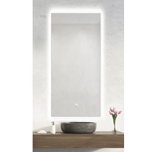 Miroir rectangulaire avec éclairage au-dessus d'un lavabo sur une étagère en bois