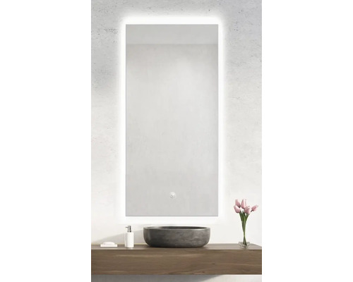 Miroir rectangulaire avec éclairage au-dessus d'un lavabo sur une étagère en bois