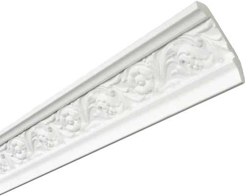 Moulure décorative blanche avec motif floral.