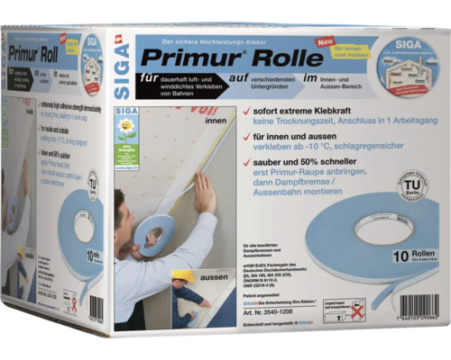SIGA Primur Rolle Dampfbremse/Wandanschluss 12mm x 4mm x 8m SIGA Primur Roll Klebeband, 10 Rollen, zum luftdichten Verkleben im Innen- und Aussenbereich
