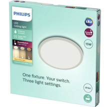 Emballage d''un plafonnier LED Philips avec protection contre l''humidité, design plat et trois réglages d''éclairage