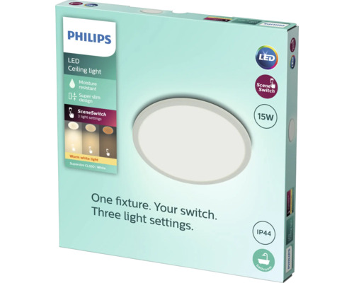 Emballage d''un plafonnier LED Philips avec protection contre l''humidité, design plat et trois réglages d''éclairage