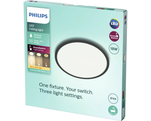 Emballage d''un plafonnier LED Philips avec protection contre l''humidité et trois réglages d''éclairage