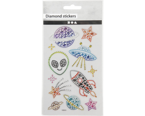 Diamant-Sticker selbstklebend, im All, 10x16 m Diamantaufkleber mit Weltraum Motiven auf einer Verkaufskarte.