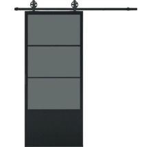 Porte coulissante avec trois panneaux de verre et ferrures