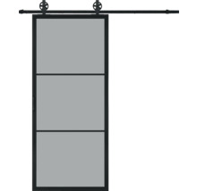 Porte coulissante avec trois panneaux et système de rails
