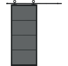 Porte coulissante à quatre panneaux avec système de suspension