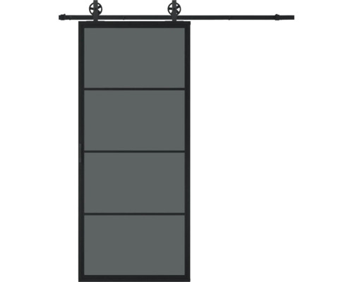 Porte coulissante avec quatre panneaux et accessoires pour porte coulissante