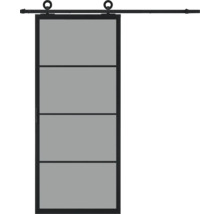 Porte coulissante avec quatre panneaux et système de suspension