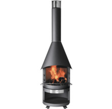 Cheminée de terrasse en métal avec bois de chauffage et flammes