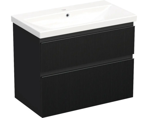 Vasque céramique avec meuble bas Jungborn TRENTA lxhxp 80x65x45 cm structure rayures 3D noir - poignée noire