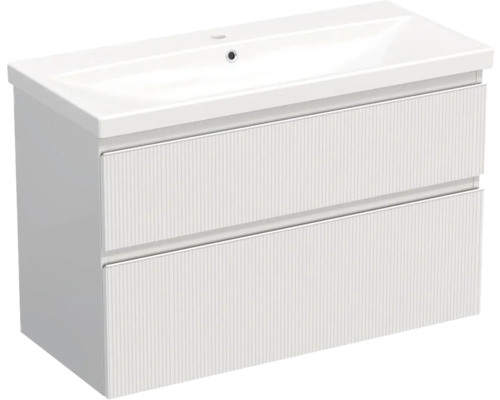 Vasque céramique avec meuble bas Jungborn TRENTA lxhxp 100x65x45 cm structure rayures 3D blanc - poignée blanche