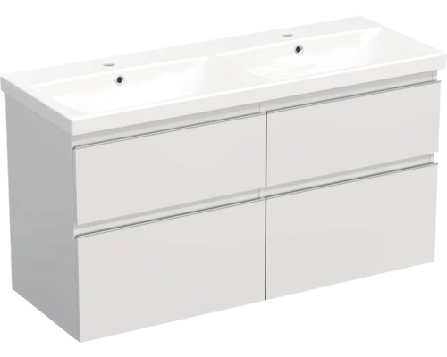 Keramikdoppelwaschbecken mit Unterschrank Jungborn TRENTA BxHxT 120x65x45 cm weiss glanz - Griff silber