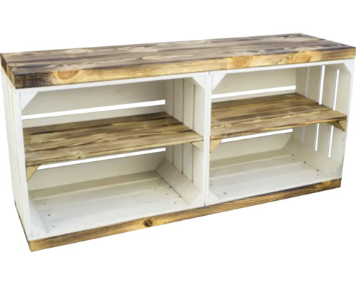 Sitzbank weiß/geflammt 100x46x30 cm Regal aus Holzkisten mit Ablageflächen