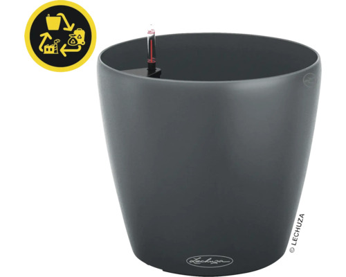 Pot de fleurs gris avec système d''irrigation et symbole de recyclage
