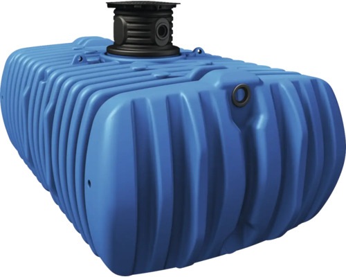 Blaue Regenwasserzisterne mit schwarzem Deckel