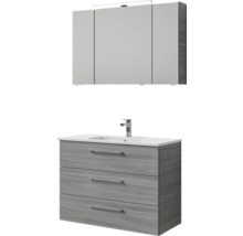 Meuble sous-vasque avec trois tiroirs, plan de toilette et armoire de toilette avec lampe