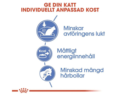 Informationen zur Verringerung von Stuhlgeruch, moderatem Energiegehalt und reduzierter Haarballenmenge bei Katzenfutter