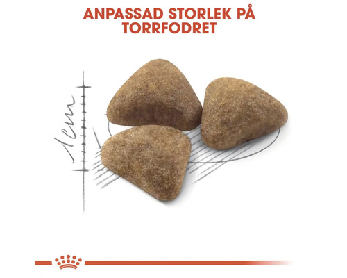 Drei Trockenfutterstücke mit Größenangabe