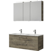 Ensemble de salle de bains avec meuble sous-lavabo, deux lavabos et armoire de toilette à trois portes