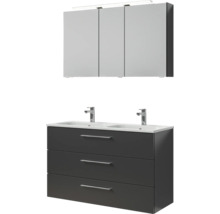 Meuble-lavabo avec deux lavabos, meuble bas avec tiroirs et armoire de toilette avec éclairage