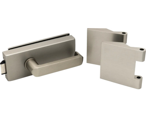 Ferrure de porte vitrée Pertura Studio/Office Quirin UV alu anodisé couleur inox Garniture de porte pour portes en verre avec boîtier de serrure et deux paumelles