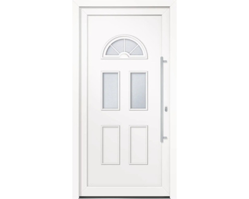 Porte multifonction plastique Ohio II CH blanc 1100x2100 mm droite avec barre de poignée Porte d''entrée blanche avec inserts en verre et une poignée