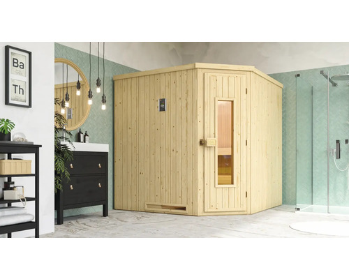 Sauna modulaire Weka Varberg 3 avec poêle bio 7,5 kW et commande digitale avec porte en bois et verre isolant thermiquement