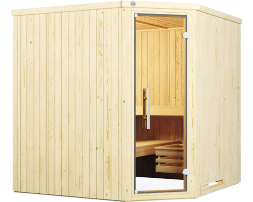 Sauna aus Holz mit Glastür