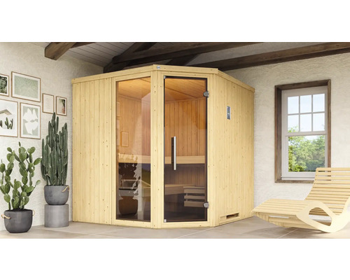 Sauna modulaire Weka Varberg 3 avec poêle 7,5 kW et commande digitale avec fenêtre et porte entièrement vitrée couleur graphite