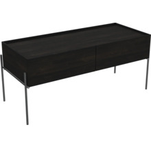 Dunkler Holzschrank mit zwei Schubladen und Metallbeinen