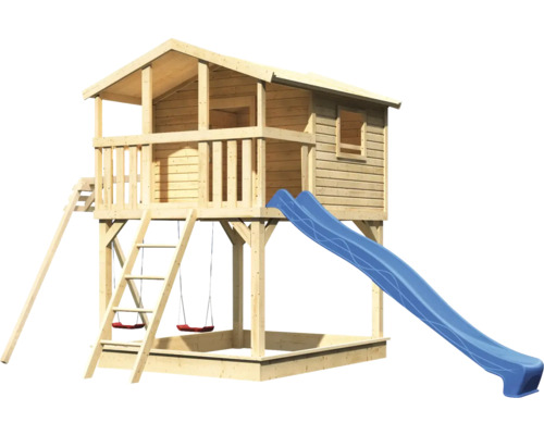 Spielhaus aus Holz mit Rutsche, Leiter und Schaukel