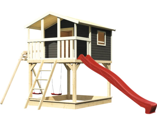 Spielhaus mit Rutsche, Schaukel und Sandkasten aus Holz