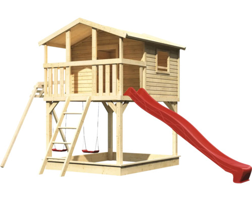 Spielhaus aus Holz mit Rutsche, Leiter und Schaukel