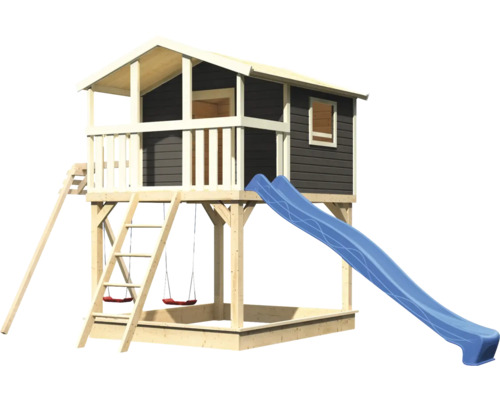 Maisonnette avec toboggan, bac à sable et balançoire en bois