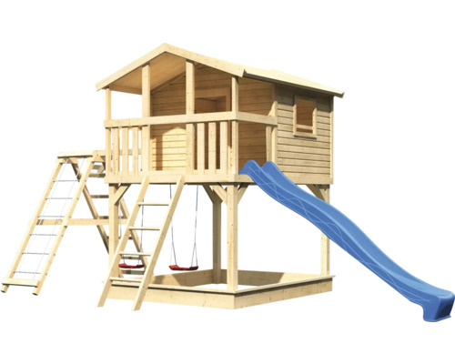 Spielhaus aus Holz mit Rutsche, Strickleiter und Schaukel