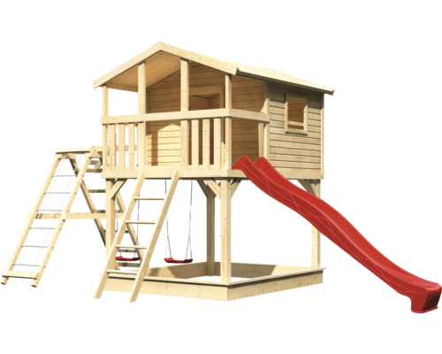 Spielturm aus Holz mit Rutsche, Leiter und Schaukel