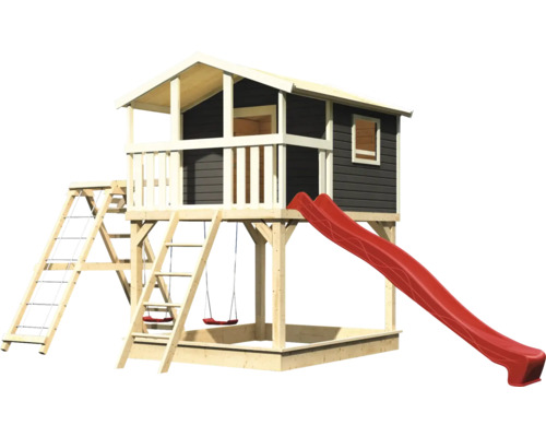 Spielturm mit Rutsche, Sandkasten, Strickleiter und Schaukel