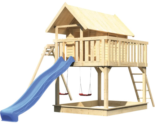 Spielturm aus Holz mit Rutsche, Schaukel und Sandkasten