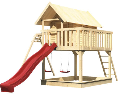Spielturm aus Holz mit Rutsche, Schaukeln und Sandkasten