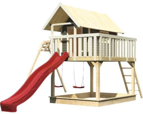 Spielhaus mit Rutsche, Schaukel und Sandkasten aus Holz