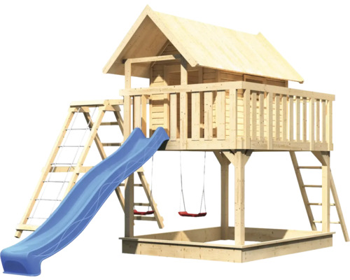 Spielanlage mit Rutsche, Schaukeln, Kletterwand und Sandkasten aus Holz