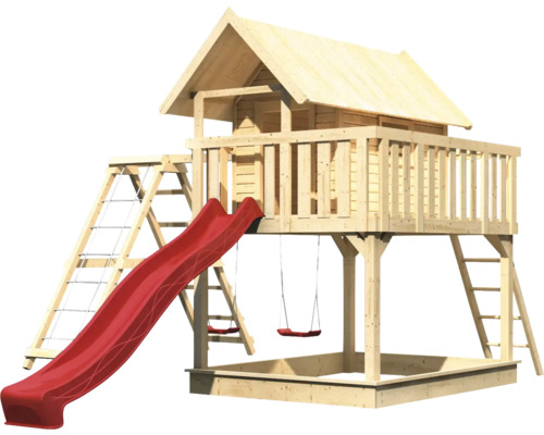 Holzspielhaus mit Rutsche, Schaukel und Sandkasten